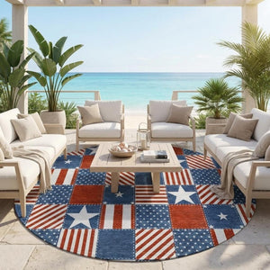 8 Foot Round Geometric Polyester Rug Washable Indoor Outdoor Navy Stain Resistant