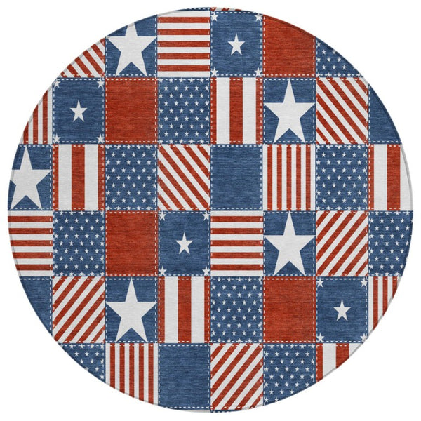 HomeRoots 8 Foot Round Geometric Polyester Rug Washable Indoor Outdoor Navy Stain Resistant 743849