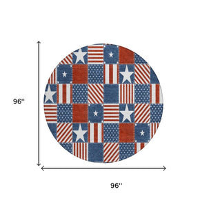 8 Foot Round Geometric Polyester Rug Washable Indoor Outdoor Navy Stain Resistant