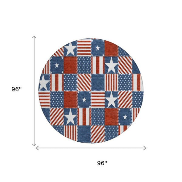 8 Foot Round Geometric Polyester Rug Washable Indoor Outdoor Navy Stain Resistant