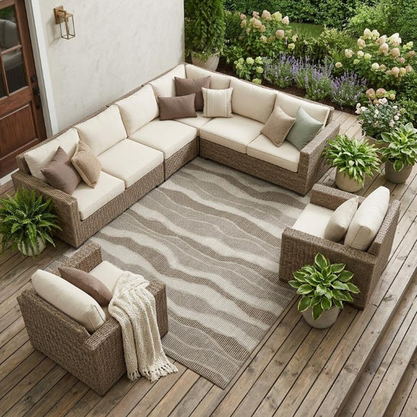 8 X 10 Beige Brown Stripe Polyester Area Rug Stain Resistant for Patio or Living Room