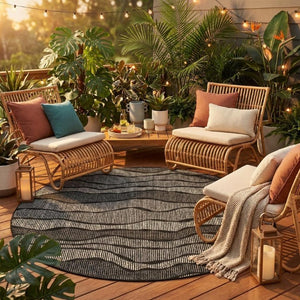 8 Ft Round Striped Polyester Area Rug Washable Indoor Outdoor Patio Porch Use