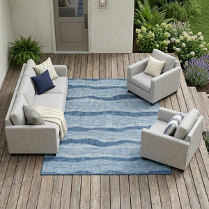 8x10 Striped Polyester Area Rug Washable Stain Resistant Indoor Outdoor Denim Blue
