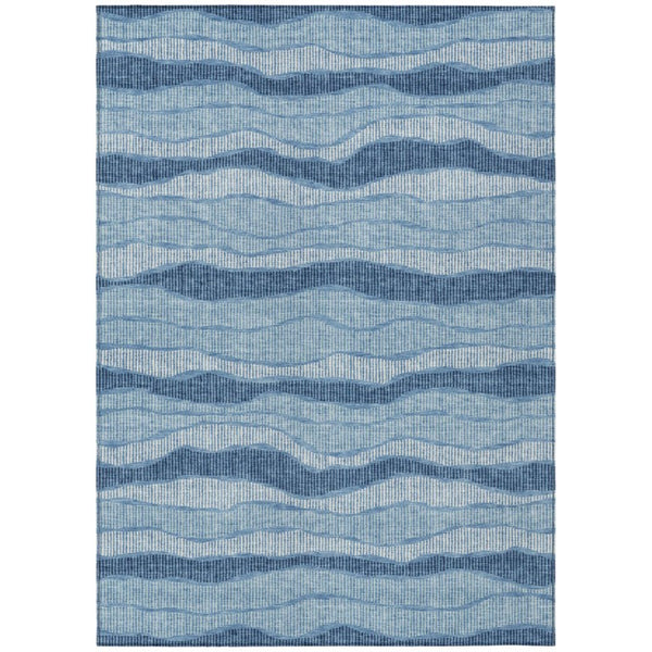 HomeRoots 8x10 Striped Polyester Area Rug Washable Stain Resistant Indoor Outdoor Denim Blue 743880