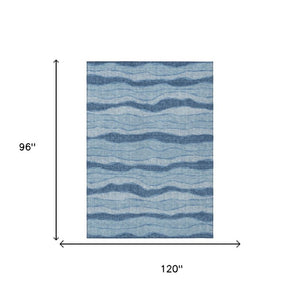 8x10 Striped Polyester Area Rug Washable Stain Resistant Indoor Outdoor Denim Blue