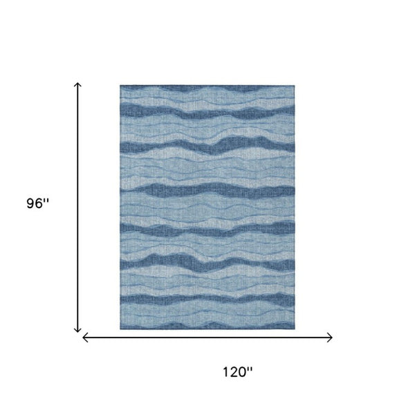 8x10 Striped Polyester Area Rug Washable Stain Resistant Indoor Outdoor Denim Blue