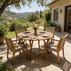 English Elm Modern Acacia Wood Round Patio Dining Set with Wicker Armchairs and Uv Resistant Cushions N770PS597R916
