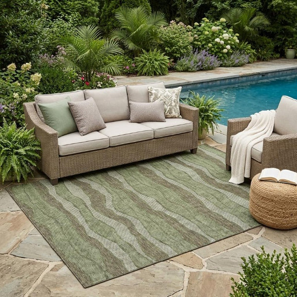 5x8 Olive Striped Polyester Area Rug Washable Stain Resistant Indoor Outdoor Use