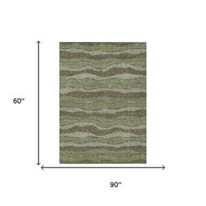 5x8 Olive Striped Polyester Area Rug Washable Stain Resistant Indoor Outdoor Use