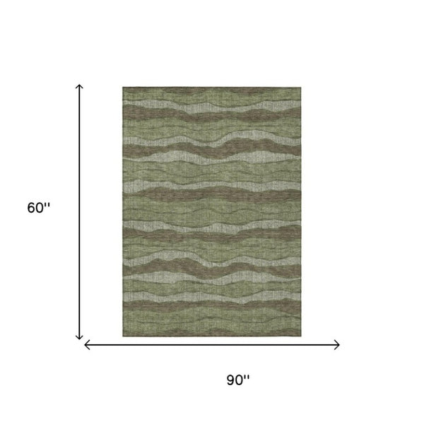 5x8 Olive Striped Polyester Area Rug Washable Stain Resistant Indoor Outdoor Use