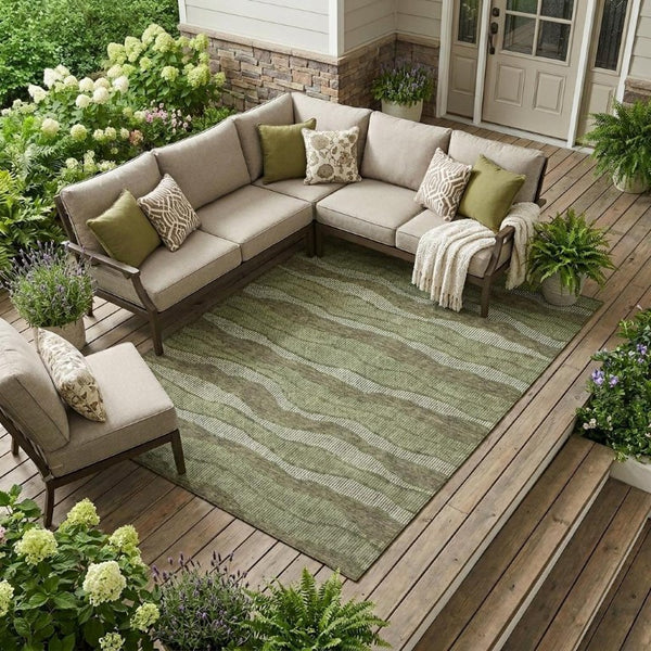 8 X 10 Olive Striped Polyester Area Rug Washable Stain Resistant Indoor Outdoor Patio