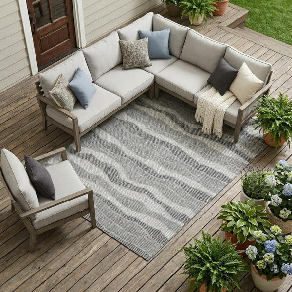 8 X 10 Pewter Gray Stripe Polyester Area Rug Washable for Indoor Outdoor Spaces