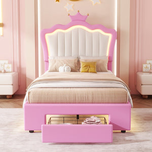 English Elm Twin Upholstered Bed Frame With Led Lights & Crown Headboard - Pink And White, Stylish Storage Solution W2770P190376-GIGA
