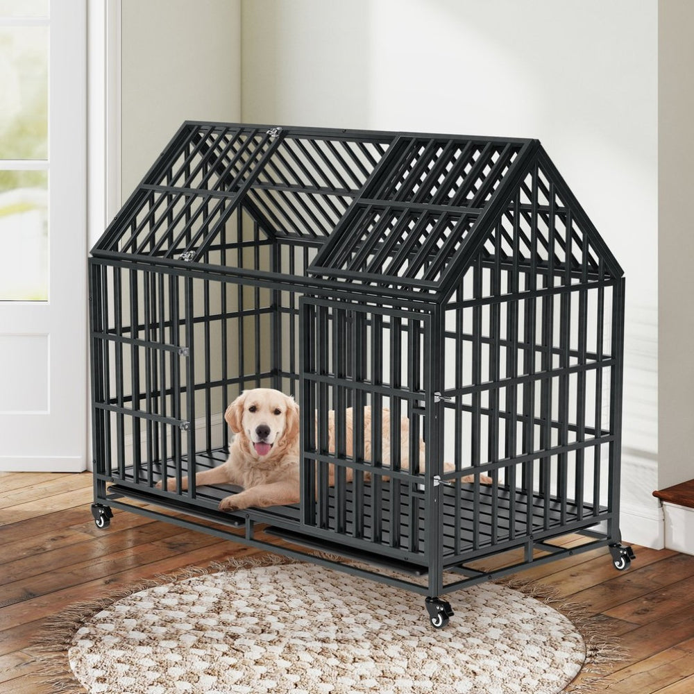 English Elm 52 Inch Heavy Duty Iron Dog Crate with Flat Rooftop Surface and Rolling Casters W2181P356225