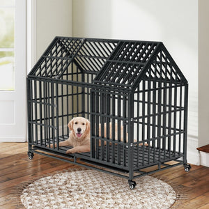 English Elm 52 Inch Heavy Duty Iron Dog Crate with Flat Rooftop Surface and Rolling Casters W2181P356225