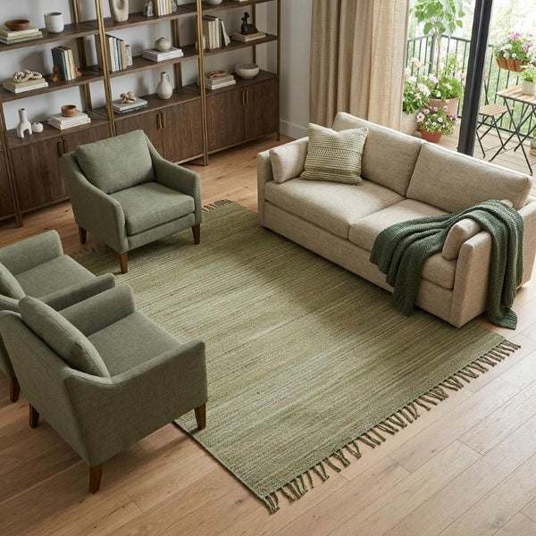 Handwoven Jute Area Rug with Fringe Artisan Natural Fiber Bohemian Living Room Floor Accent