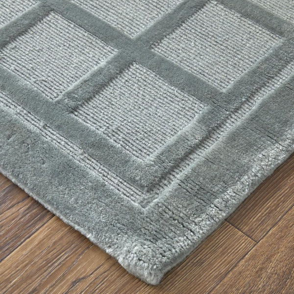 2 X 3 Hand Knotted Wool Geometric Area Rug in Gray Blue Artisan Crafted