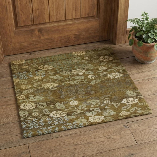 2x3 Hand Knotted Wool Blend Floral Area Rug in Brown Green Blue Artisan Craft