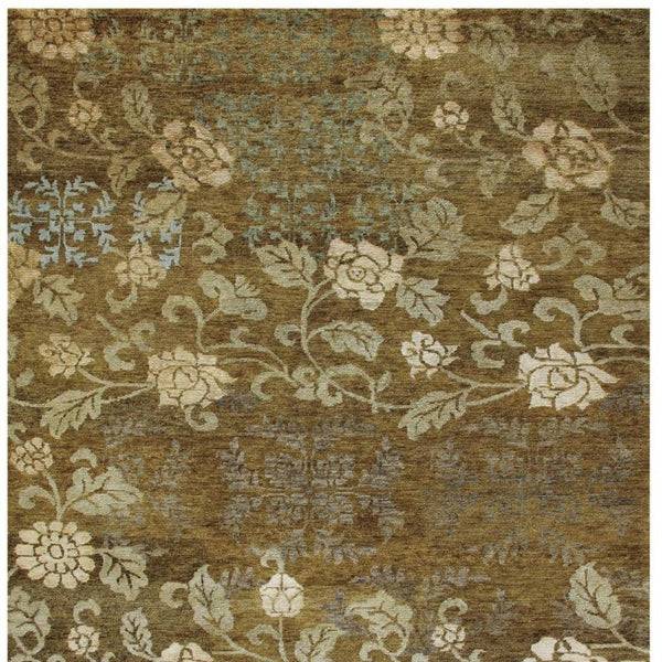 2x3 Hand Knotted Wool Blend Floral Area Rug in Brown Green Blue Artisan Craft
