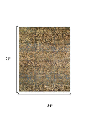 2x3 Hand Knotted Wool Paisley Area Rug in Brown Gold Blue Stain Resistant Accent