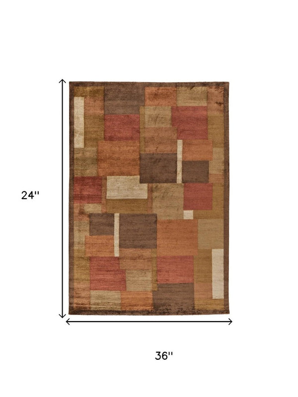2x3 Hand Knotted Wool Blend Checkered Area Rug Mid-century Artisan Accent
