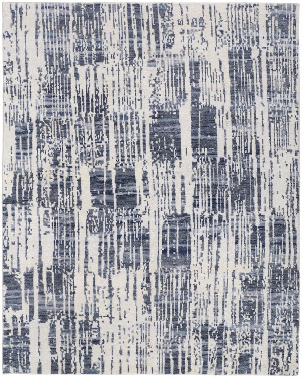 HomeRoots 2x3 Hand Knotted Wool Abstract Area Rug Ivory Blue Fringe Stain Resistant Accent 743969