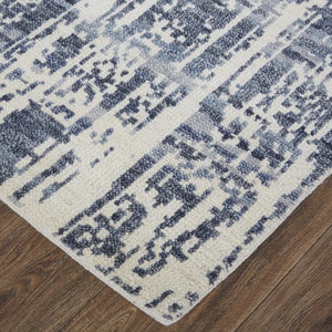 2x3 Hand Knotted Wool Abstract Area Rug Ivory Blue Fringe Stain Resistant Accent