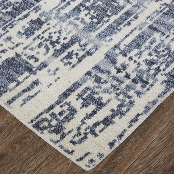 2x3 Hand Knotted Wool Abstract Area Rug Ivory Blue Fringe Stain Resistant Accent