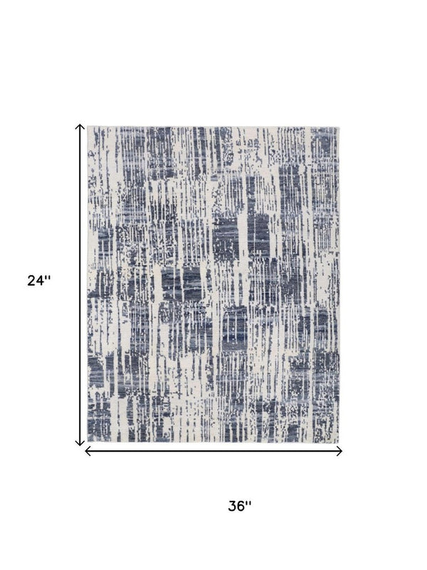 2x3 Hand Knotted Wool Abstract Area Rug Ivory Blue Fringe Stain Resistant Accent