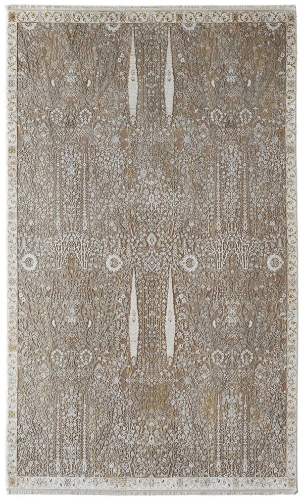 HomeRoots 2x3 Ivory Taupe Gold Floral Accent Rug with Fringe Tassels for Entryway Decor 743982