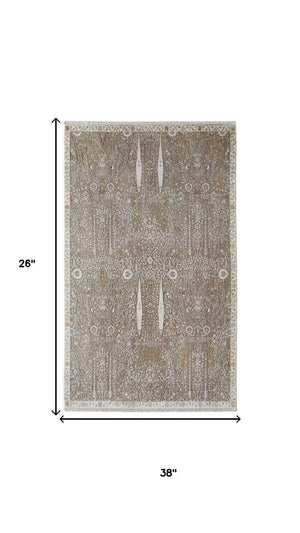 2x3 Ivory Taupe Gold Floral Accent Rug with Fringe Tassels for Entryway Decor