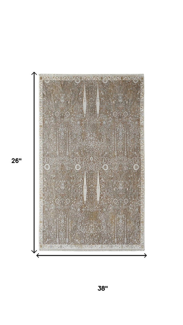 2x3 Ivory Taupe Gold Floral Accent Rug with Fringe Tassels for Entryway Decor