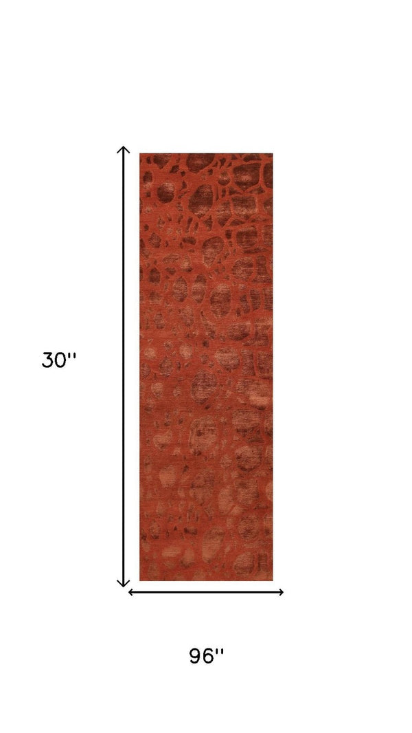 8 Foot Hand Knotted Wool Blend Area Rug with Bold Animal Print in Red Orange
