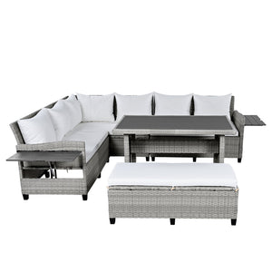 English Elm TOMAX 5-Piece Outdoor Rattan Sectional Sofa Set with Extendable Side Tables and Dining Table White SP100006AAK