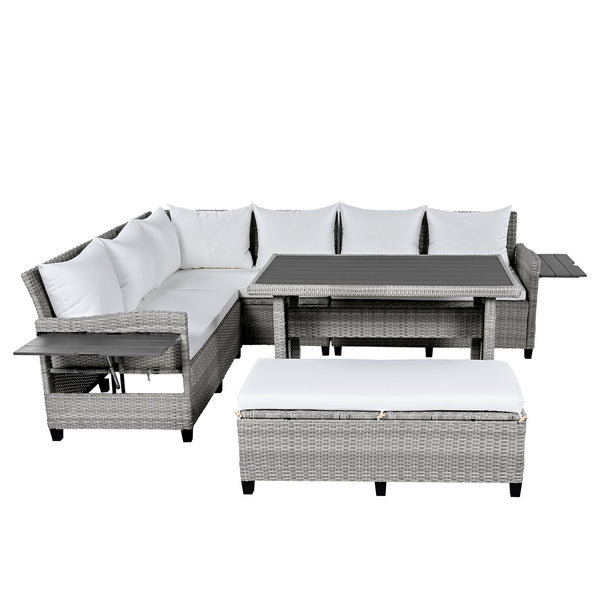 English Elm TOMAX 5-Piece Outdoor Rattan Sectional Sofa Set with Extendable Side Tables and Dining Table White SP100006AAK