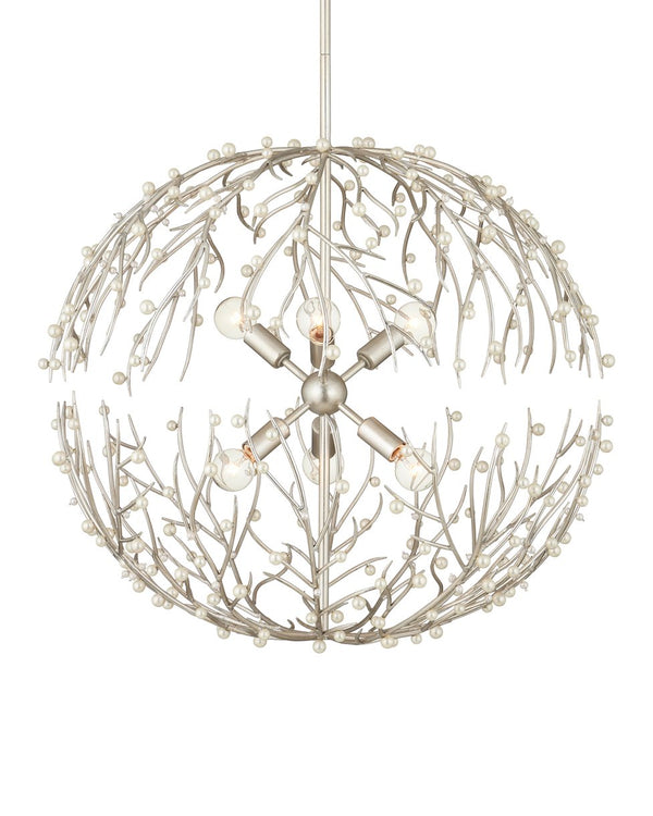 Currey & Company Shinju Pearl Orb Chandelier - Elegant Silver Leaf Design With Fresh-water Pearls & Adjustable Height Silver Pearl ,Wrought Iron 9000-1291-currey-company