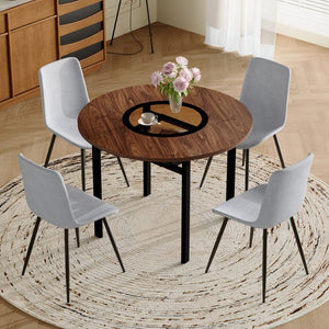 English Elm Table and Chair Set 42 Inch Round Wood Grain Dining with 4 Linen Cushioned Seats Brown+Black,Light Gray W1151S04485