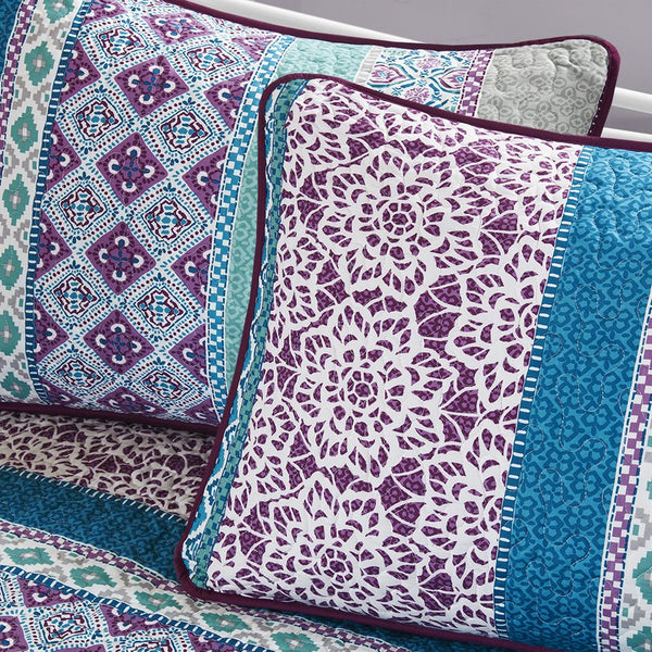 JLA Home Intelligent Design - 6 Piece Boho Reversible Daybed Set Twin — Vibrant Global Prints, Solid Purple Reverse, OEKO-TEX Antimicrobial Finish ID13-1414
