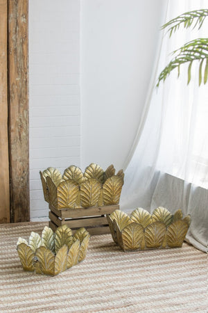 English Elm Set of 3 Zinc Planters with Aged Golden Patina for Rustic Farmhouse Indoor Decor W2078P499528