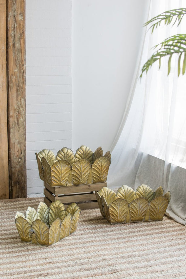 English Elm Set of 3 Zinc Planters with Aged Golden Patina for Rustic Farmhouse Indoor Decor W2078P499528