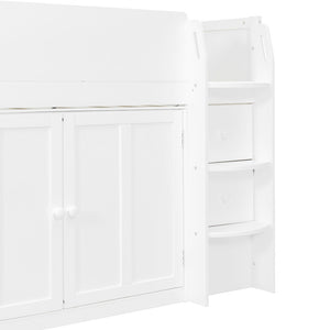 English Elm Twin House Loft Bed with Pull Out Rolling Desk Stair Drawers and Cabinet Storage White N820S00072K