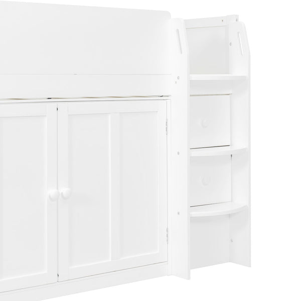 English Elm Twin House Loft Bed with Pull Out Rolling Desk Stair Drawers and Cabinet Storage White N820S00072K
