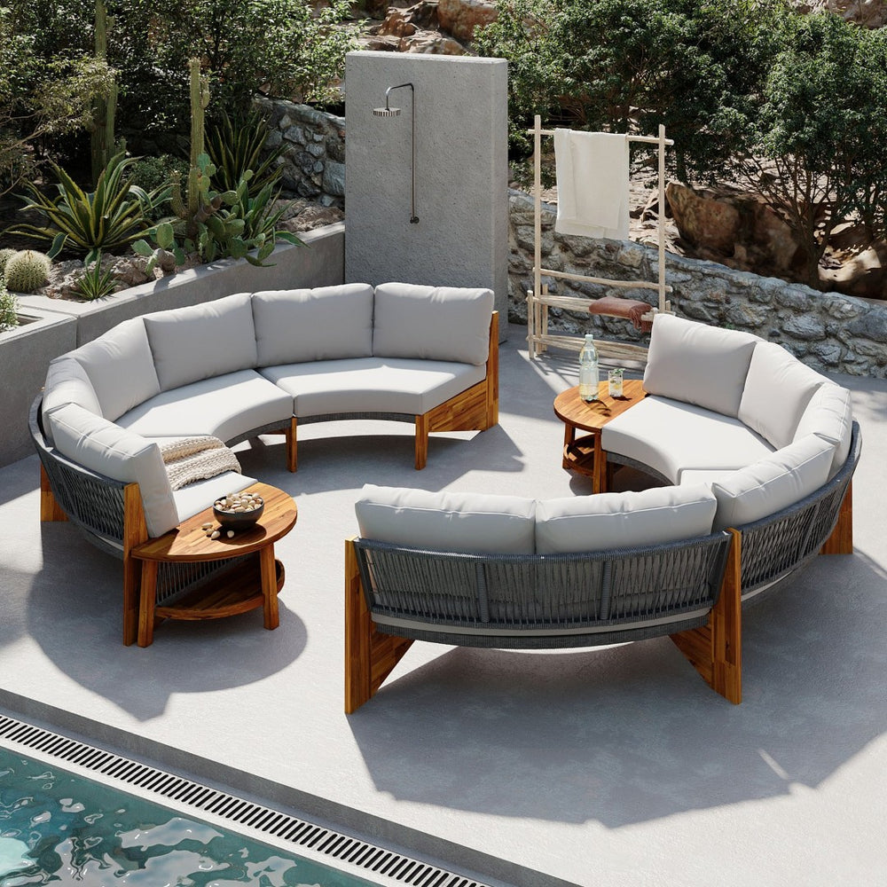 English Elm U_style Circular Patio Sofa Set Pp Rope Woven Steel Frame Acacia Wood Resort Lounge Grey WY000468AAE