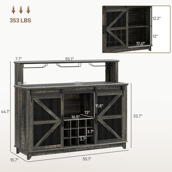 English Elm Farmhouse Wine Cabinet with Led Lighting Sliding Barn Doors and 12 Bottle Storage T3971P428310