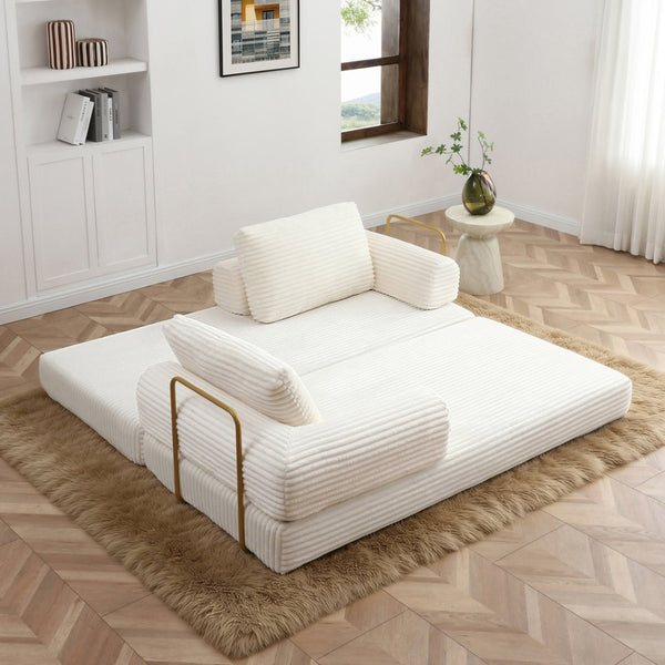 English Elm Convertible Floor Sofa Futon with Corduroy Upholstery for Living Room Lounging and Sleeping Beige W1117P434687