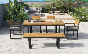 English Elm 6-piece Outdoor Acacia Wood Patio Dining Set with Cushioned Chairs Bench Steel Frame Gray N704G201255E