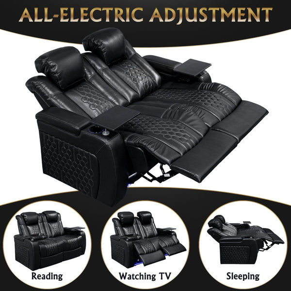 English Elm 62.2"power Recliner Set of 2 Top-grain Nappa Leather Home Theater Seating with Rgb Led Black W3819S00089