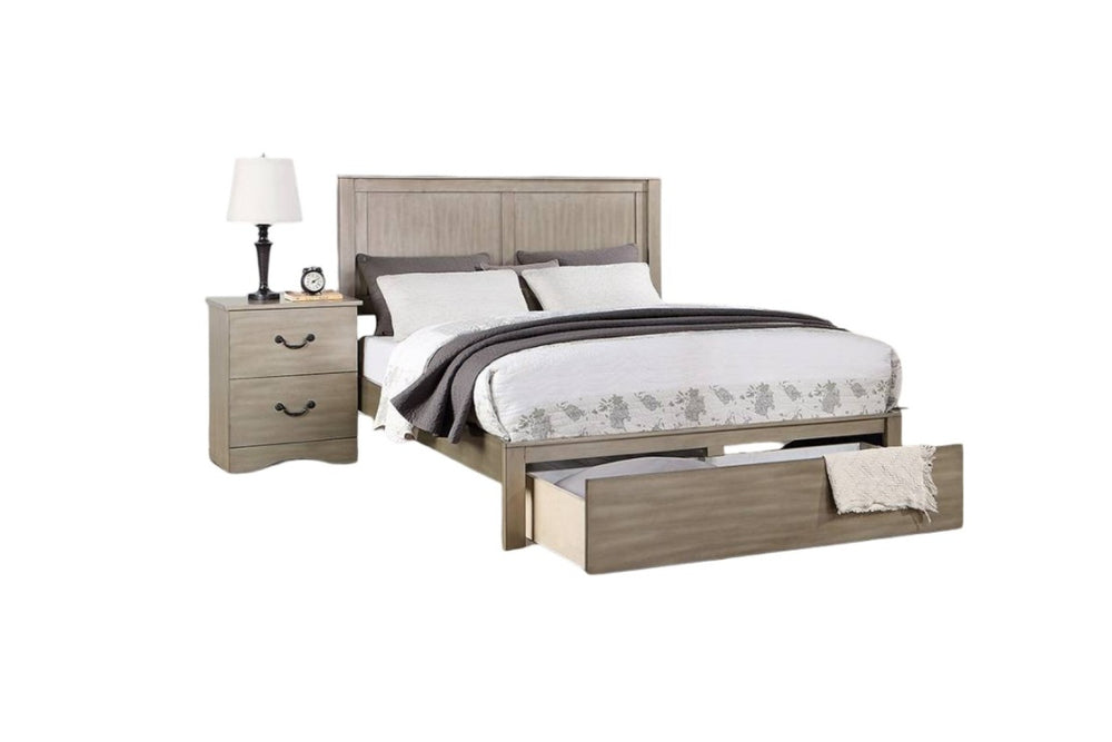 English Elm Rustic California King Panel Bed with Footboard Drawer and Antique Silver Hardware B011S02097