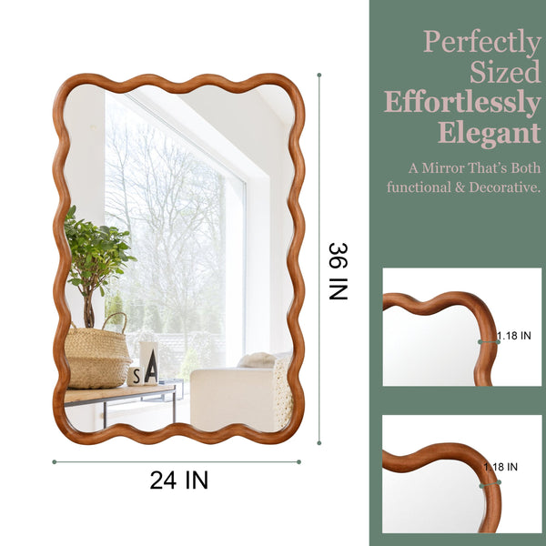 English Elm Yellowish Solid Wood 24"x36" Wavy Rectangle Mirror with Tempered Glass, Rustic Elegance for Bath & Entry W2203P389035