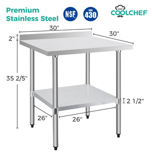 English Elm 30" Square 18-gauge Stainless Steel Nsf Prep Table with Backsplash and Storage Shelf W3629P365479